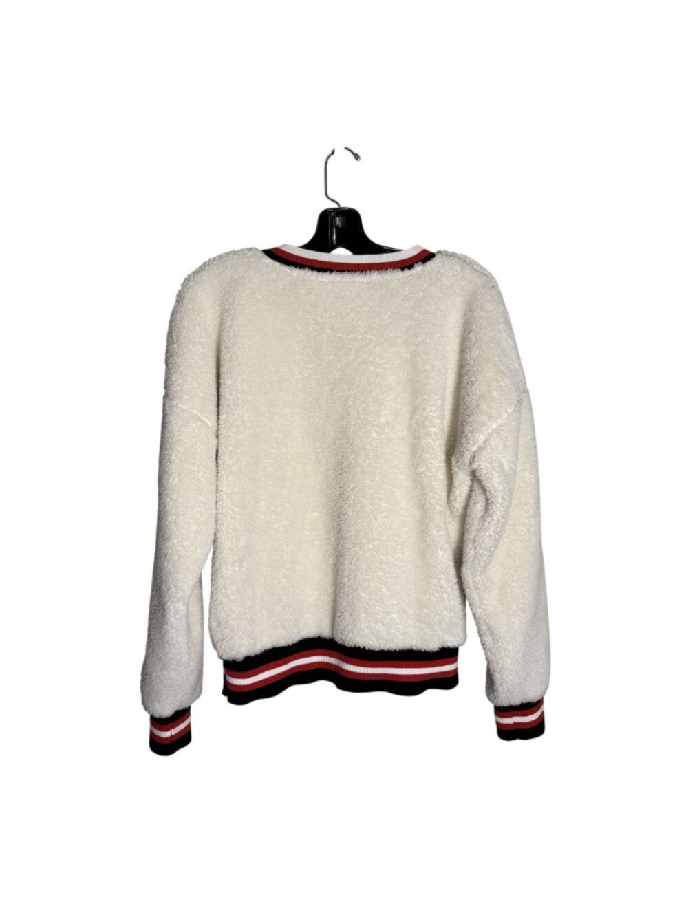 Evereve Off White Varsity Teddy Knit Pullover With Striped Red and Black Trim - Picture 3 of 8
